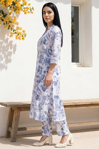 White Floral Printed Pure Cotton Straight Kurta with Straight Pant Set