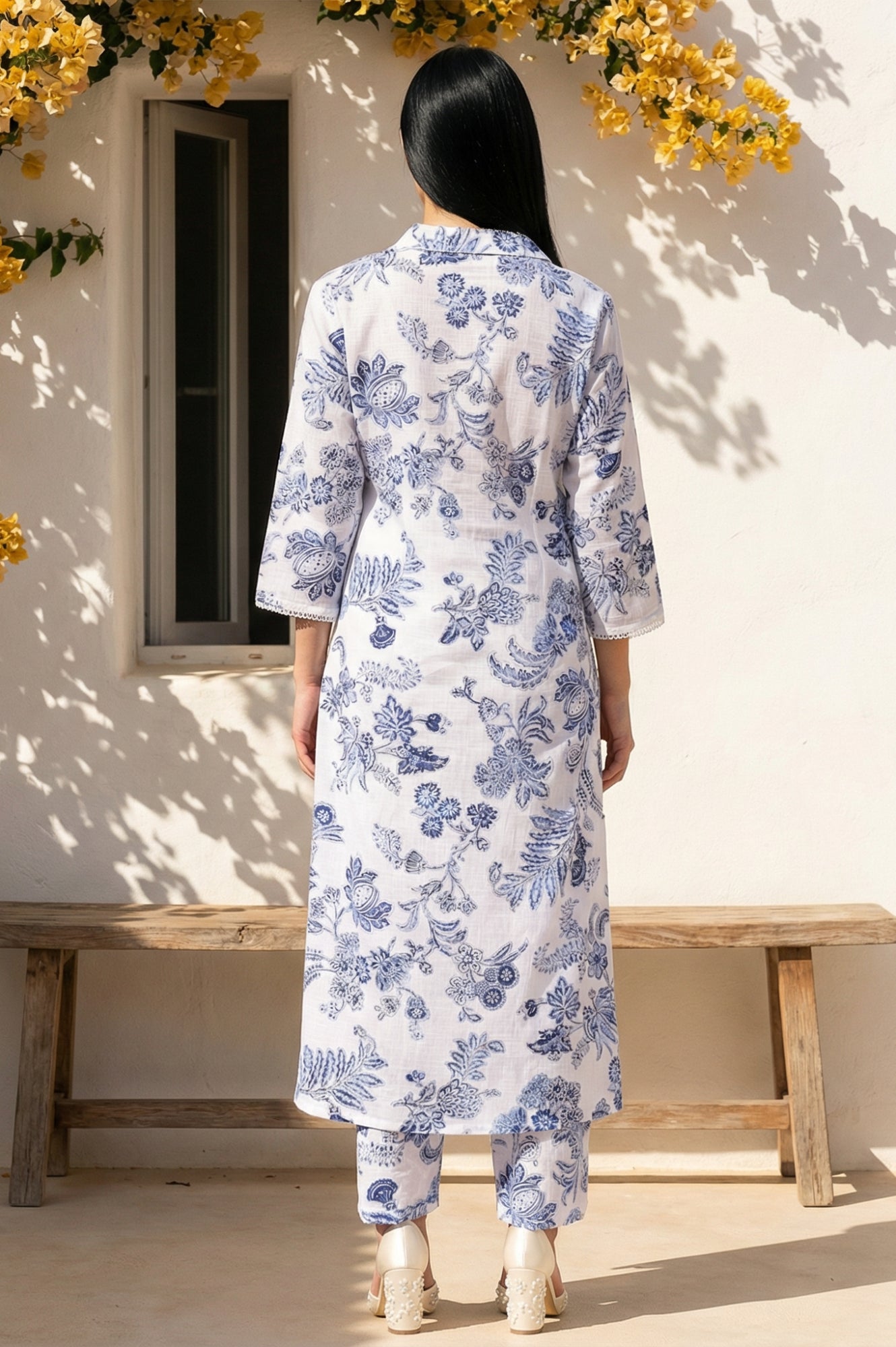 White Floral Printed Pure Cotton Straight Kurta with Straight Pant Set