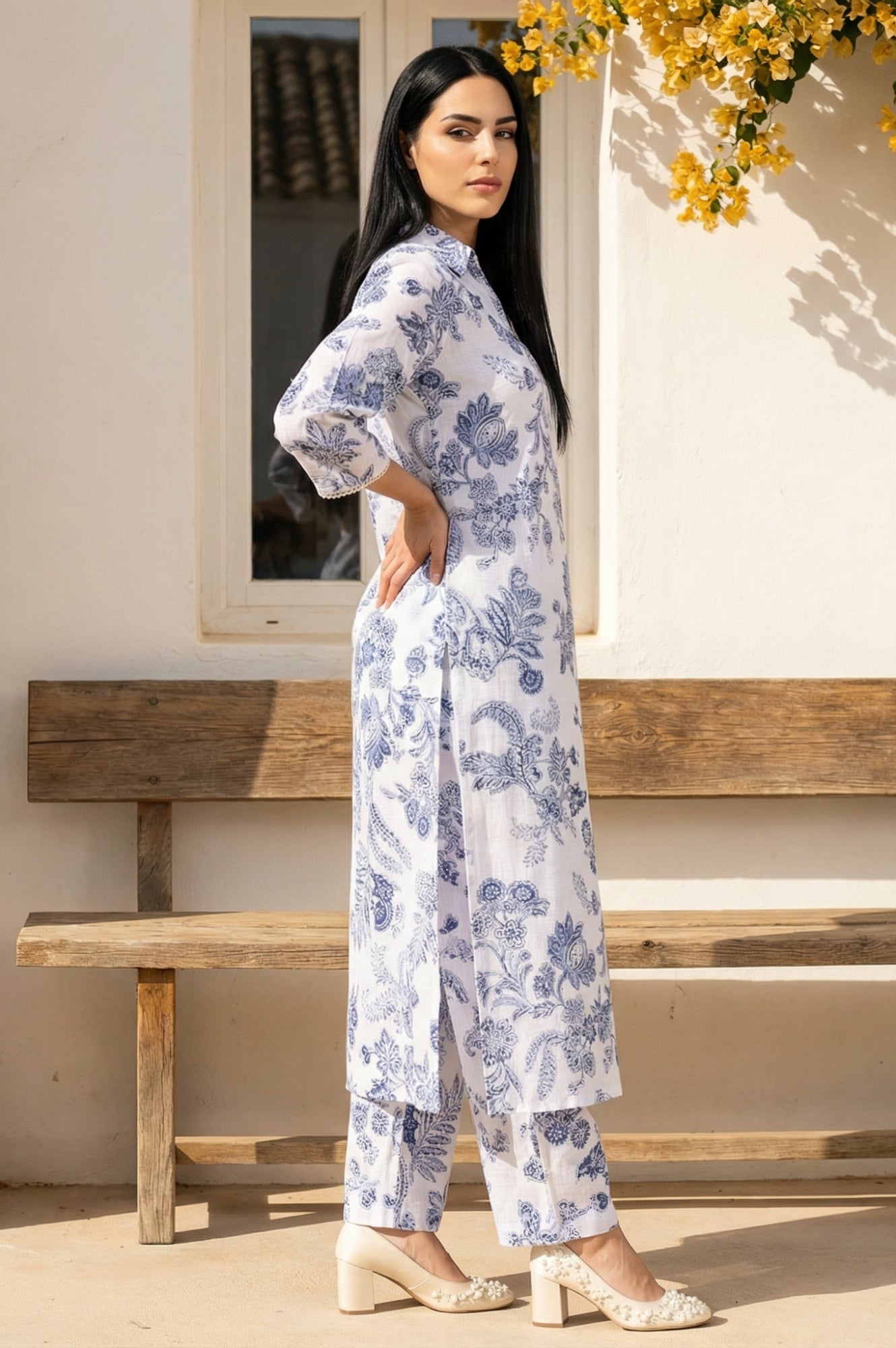 White Floral Printed Pure Cotton Straight Kurta with Straight Pant Set