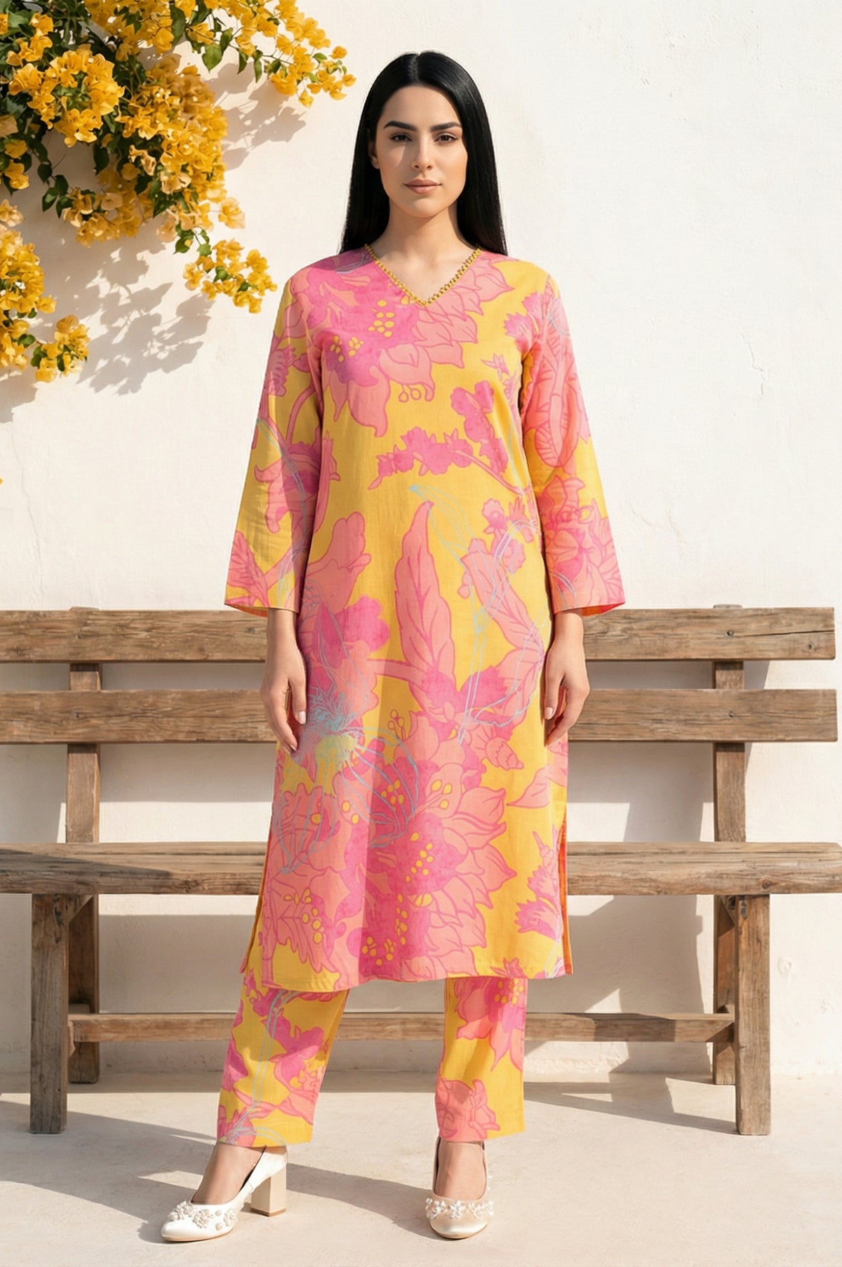 Yellow Floral Printed Modal Straight Kurta with Straight Pant Set - XS