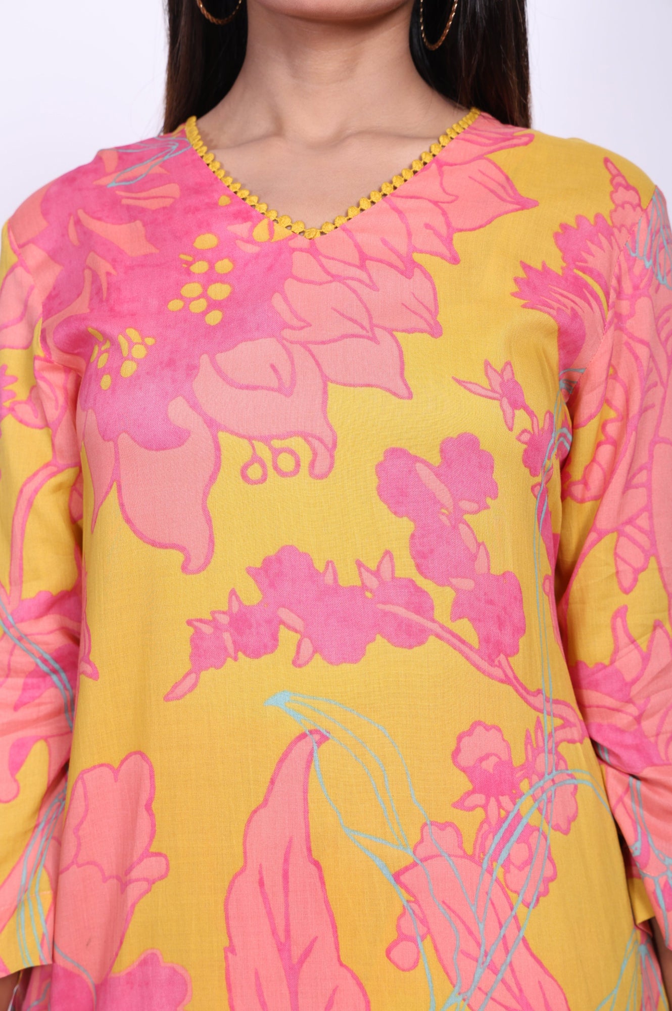 Yellow Floral Printed Modal Straight Kurta with Straight Pant Set