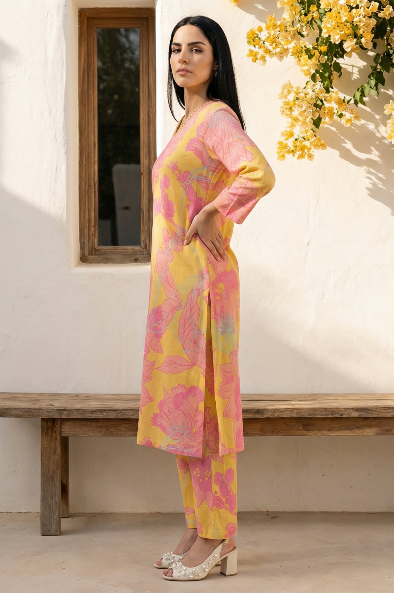 Yellow Floral Printed Modal Straight Kurta with Straight Pant Set