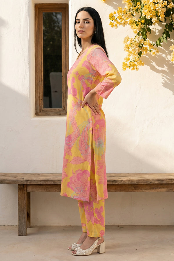 Yellow Floral Printed Modal Straight Kurta with Straight Pant Set