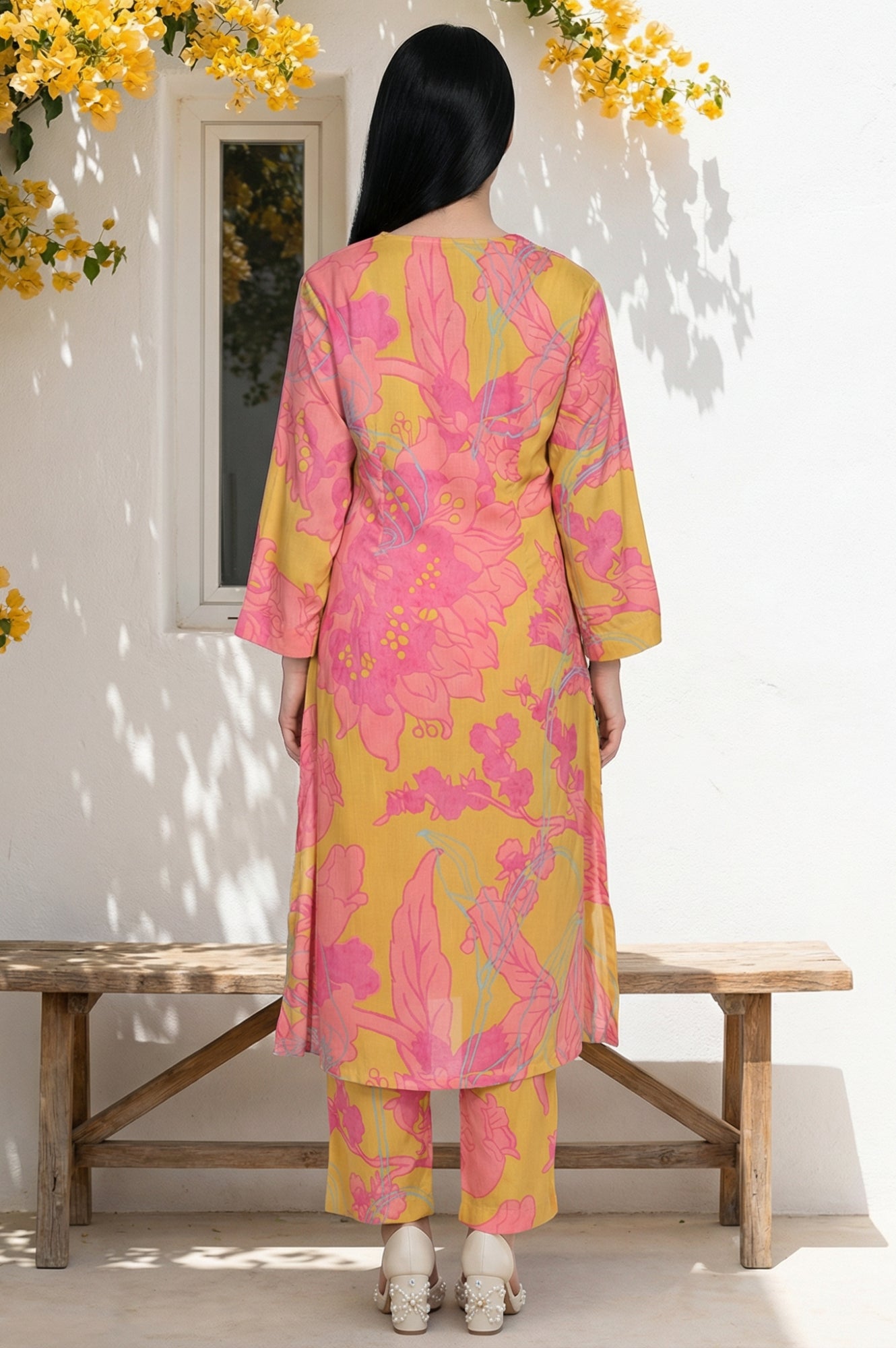 Yellow Floral Printed Modal Straight Kurta with Straight Pant Set