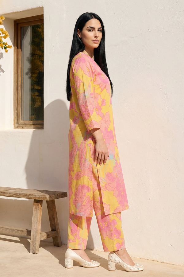 Yellow Floral Printed Modal Straight Kurta with Straight Pant Set