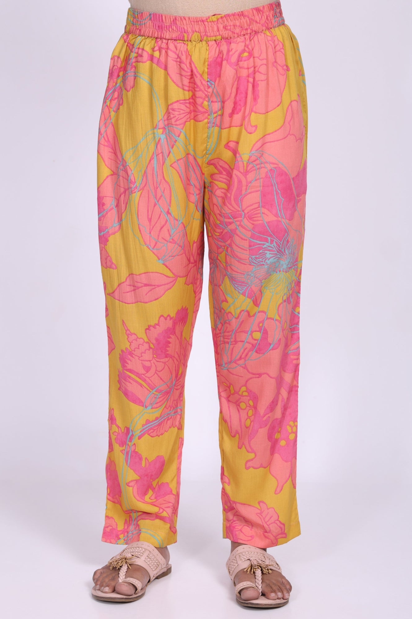 Yellow Floral Printed Modal Straight Kurta with Straight Pant Set