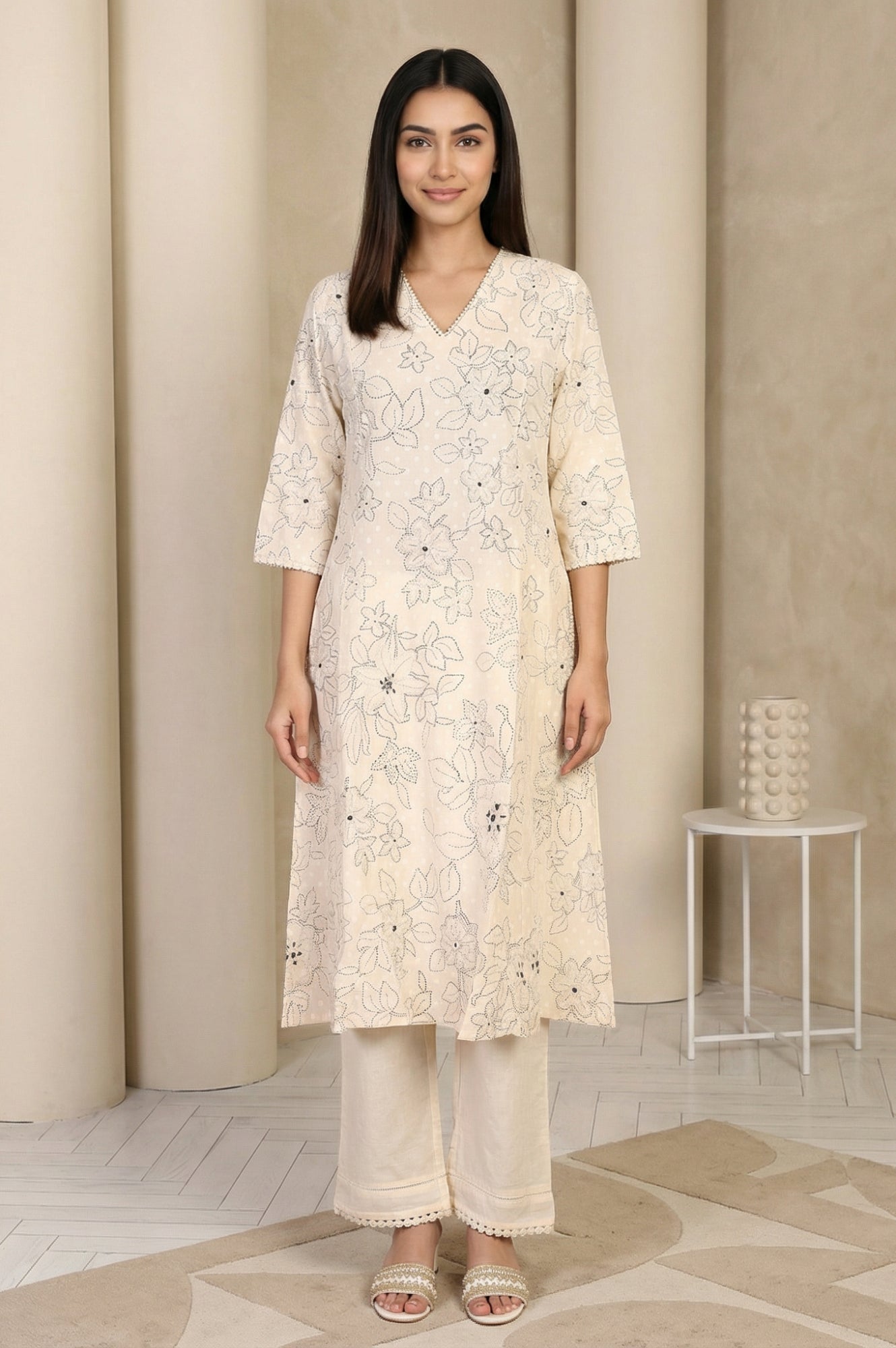 Off White Floral Printed Thread Work Pure Cotton Straight Kurta with Pants Set