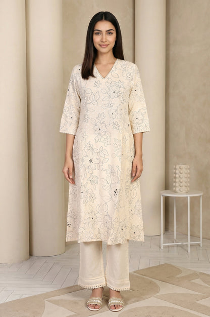 Off White Floral Printed Thread Work Pure Cotton Straight Kurta with Pants Set