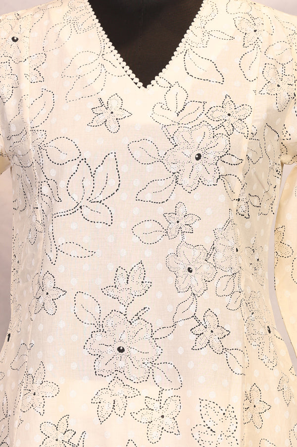 Off White Floral Printed Thread Work Pure Cotton Straight Kurta with Pants Set