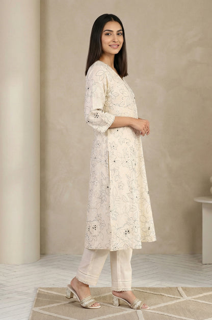 Off White Floral Printed Thread Work Pure Cotton Straight Kurta with Pants Set