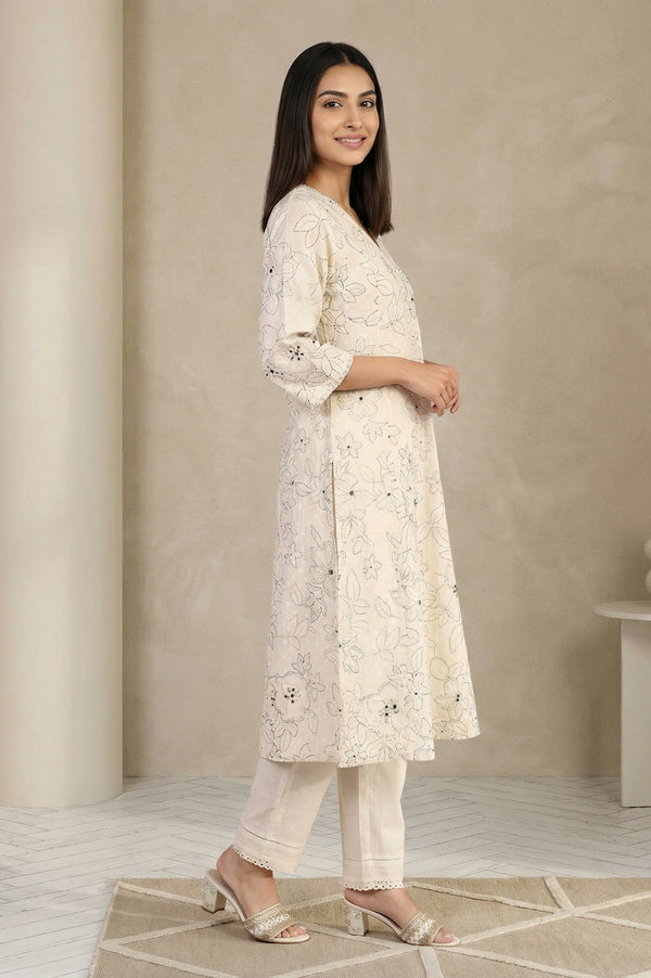 Off White Floral Printed Thread Work Pure Cotton Straight Kurta with Pants Set