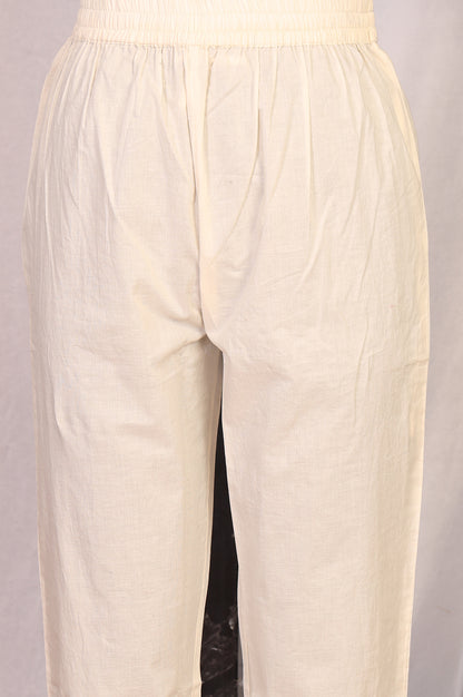 Off White Floral Printed Thread Work Pure Cotton Straight Kurta with Pants Set