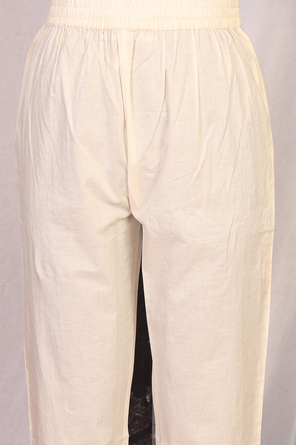 Off White Floral Printed Thread Work Pure Cotton Straight Kurta with Pants Set