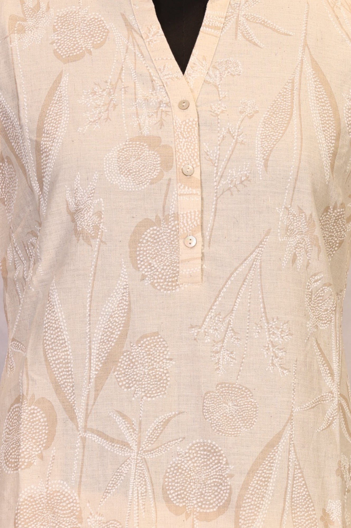 Beige Floral Printed Buttons Cotton Blend Straight Kurta with Pants Set