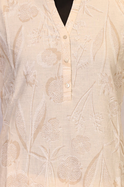 Beige Floral Printed Buttons Cotton Blend Straight Kurta with Pants Set
