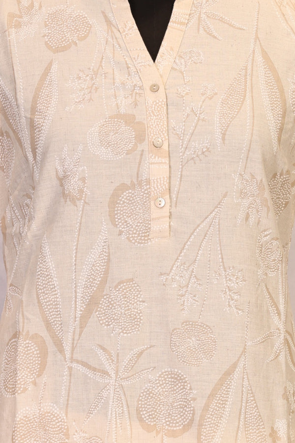 Beige Floral Printed Buttons Cotton Blend Straight Kurta with Pants Set