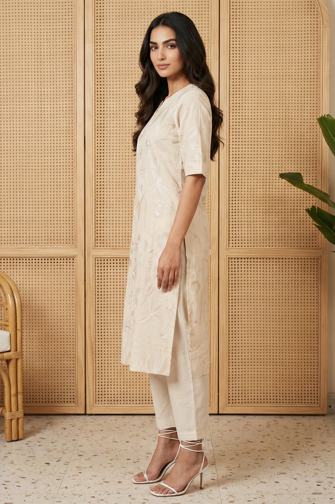 Beige Floral Printed Buttons Cotton Blend Straight Kurta with Pants Set