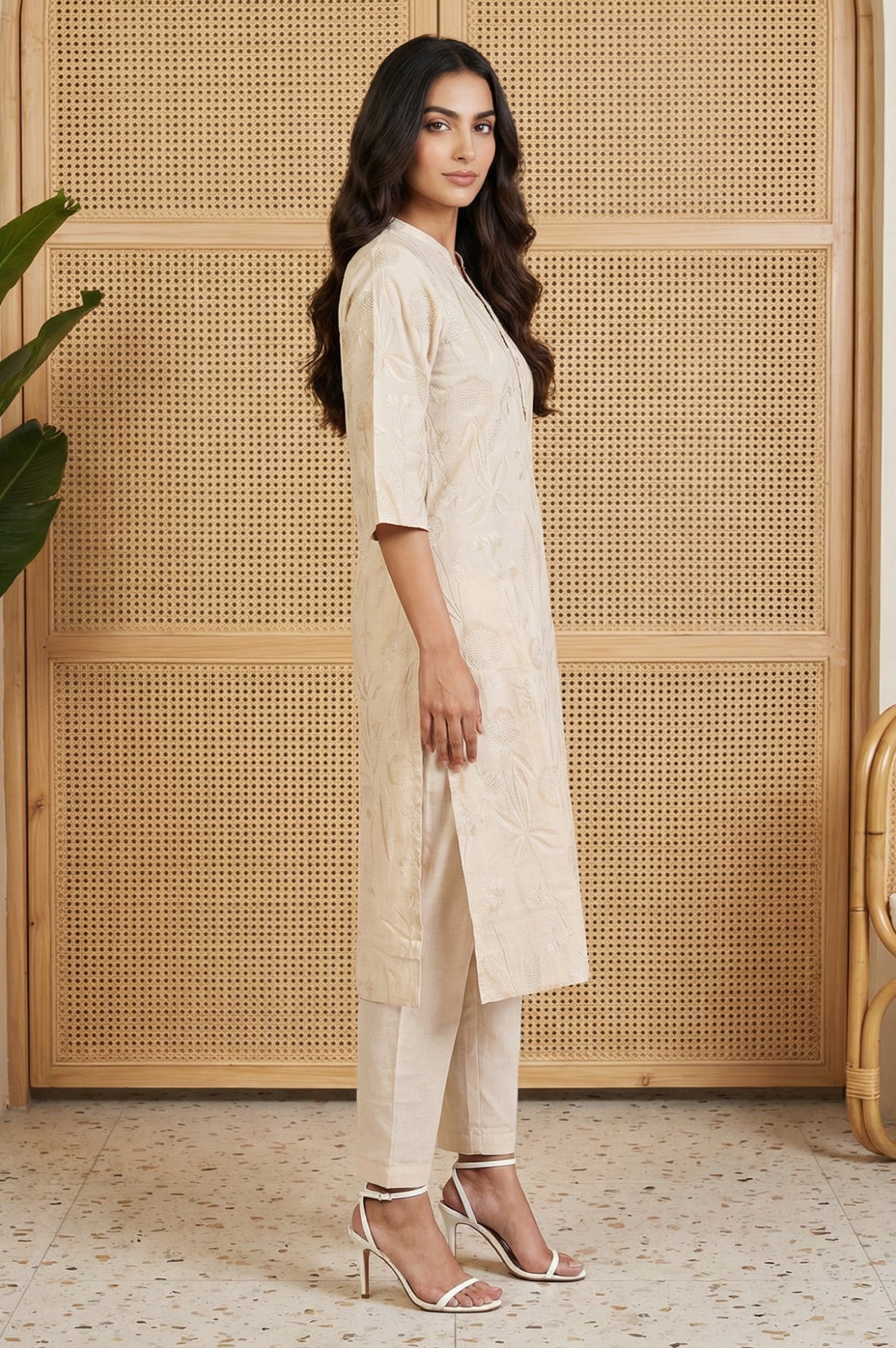 Beige Floral Printed Buttons Cotton Blend Straight Kurta with Pants Set