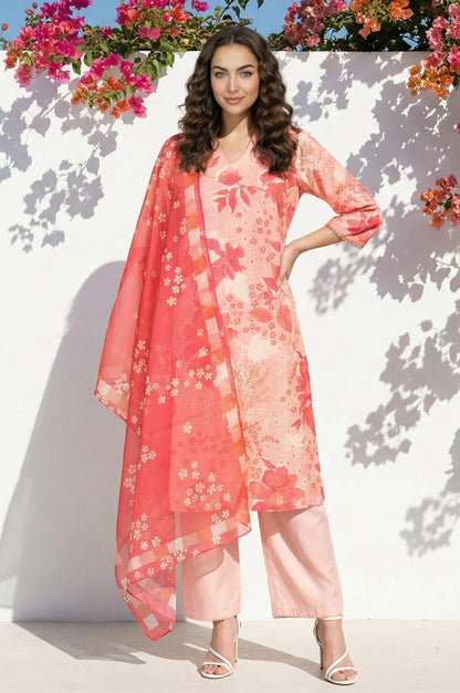 Peach Floral Printed Straight Chanderi Kurta with Pants and Dupatta Set