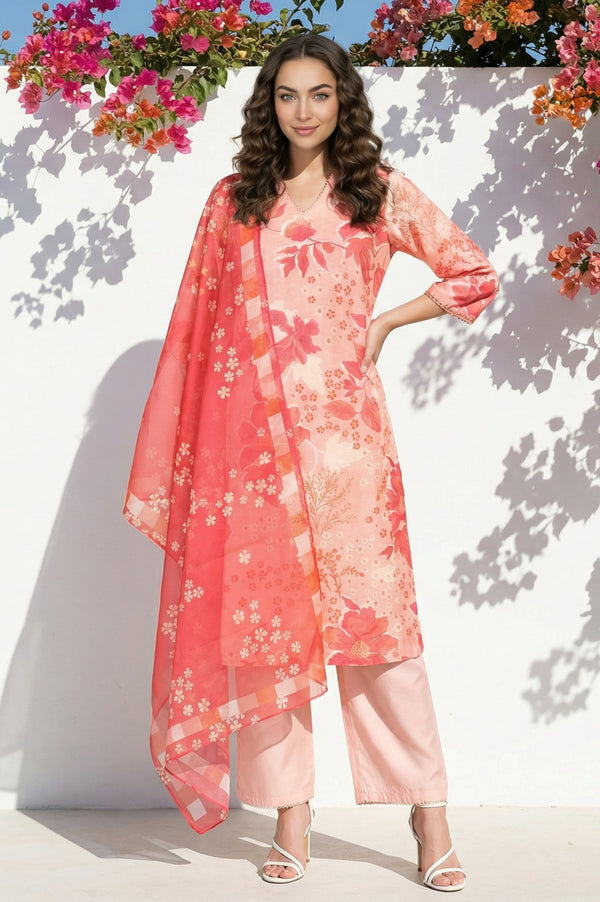 Peach Floral Printed Straight Chanderi Kurta with Pants and Dupatta Set