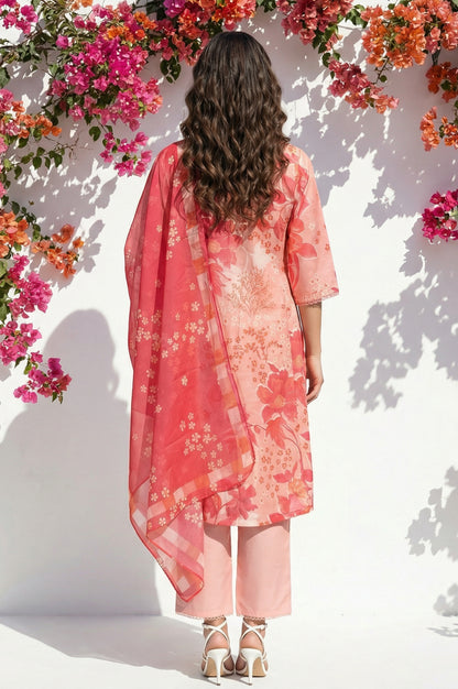 Peach Floral Printed Straight Chanderi Kurta with Pants and Dupatta Set