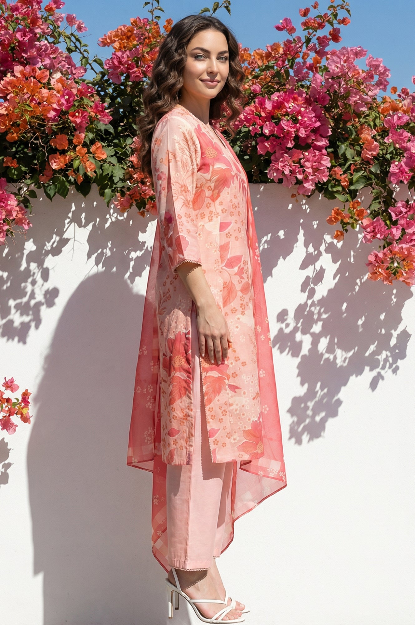 Peach Floral Printed Straight Chanderi Kurta with Pants and Dupatta Set