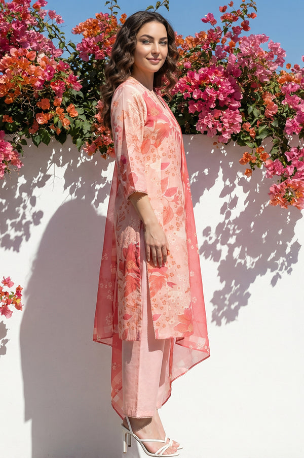 Peach Floral Printed Straight Chanderi Kurta with Pants and Dupatta Set