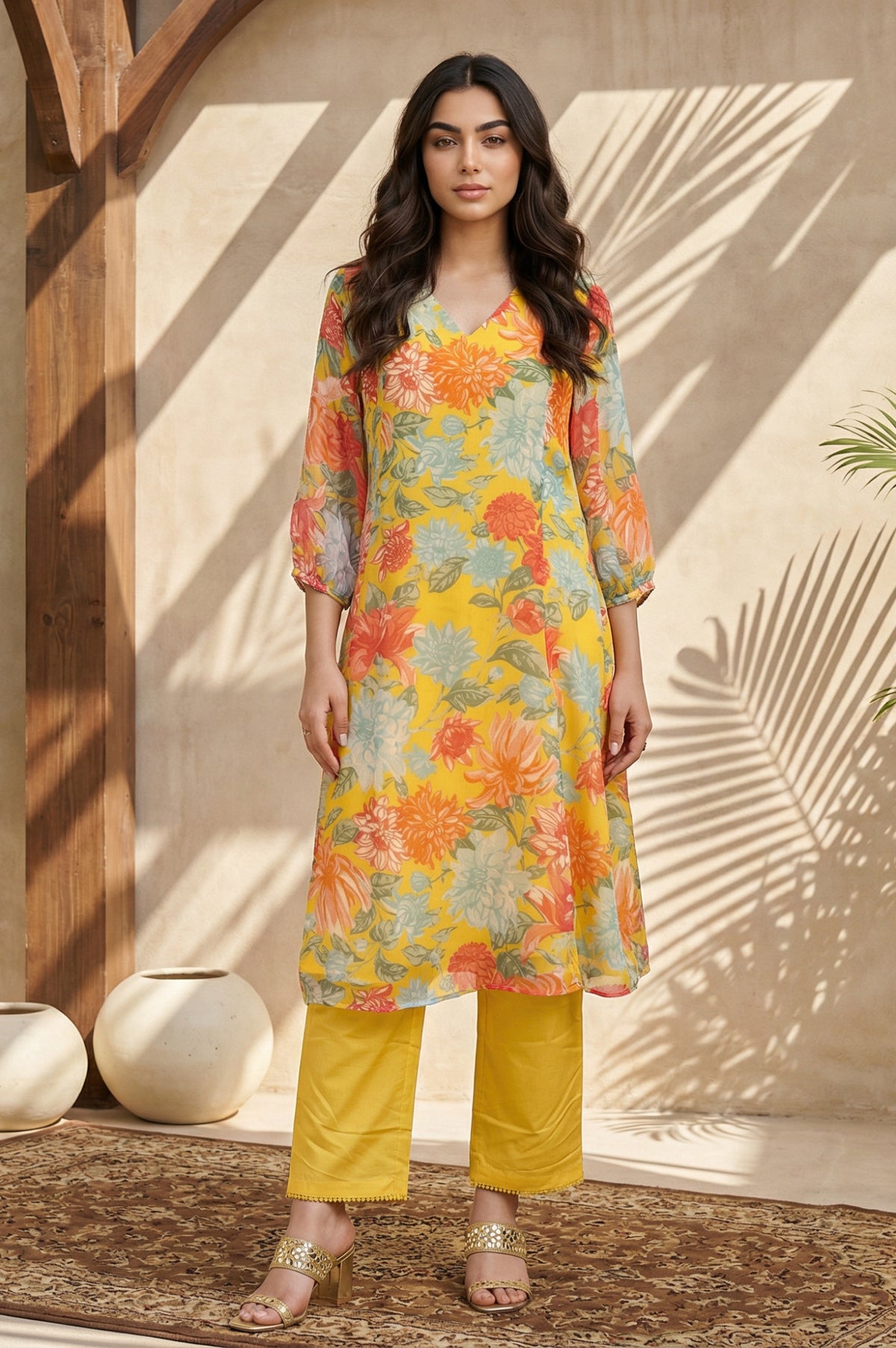 Yellow Floral Printed Chiffon Straight Kurta with Pants and Dupatta Set - S