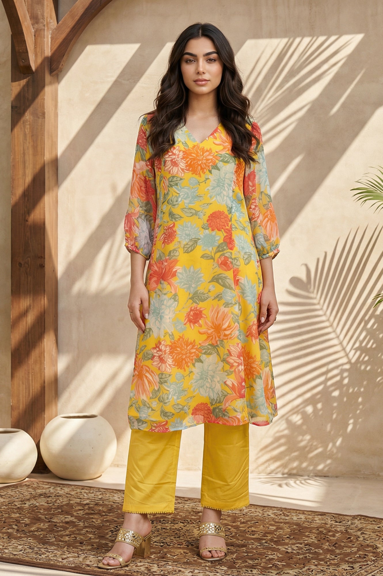 Yellow Floral Printed Chiffon Straight Kurta with Pants and Dupatta Set