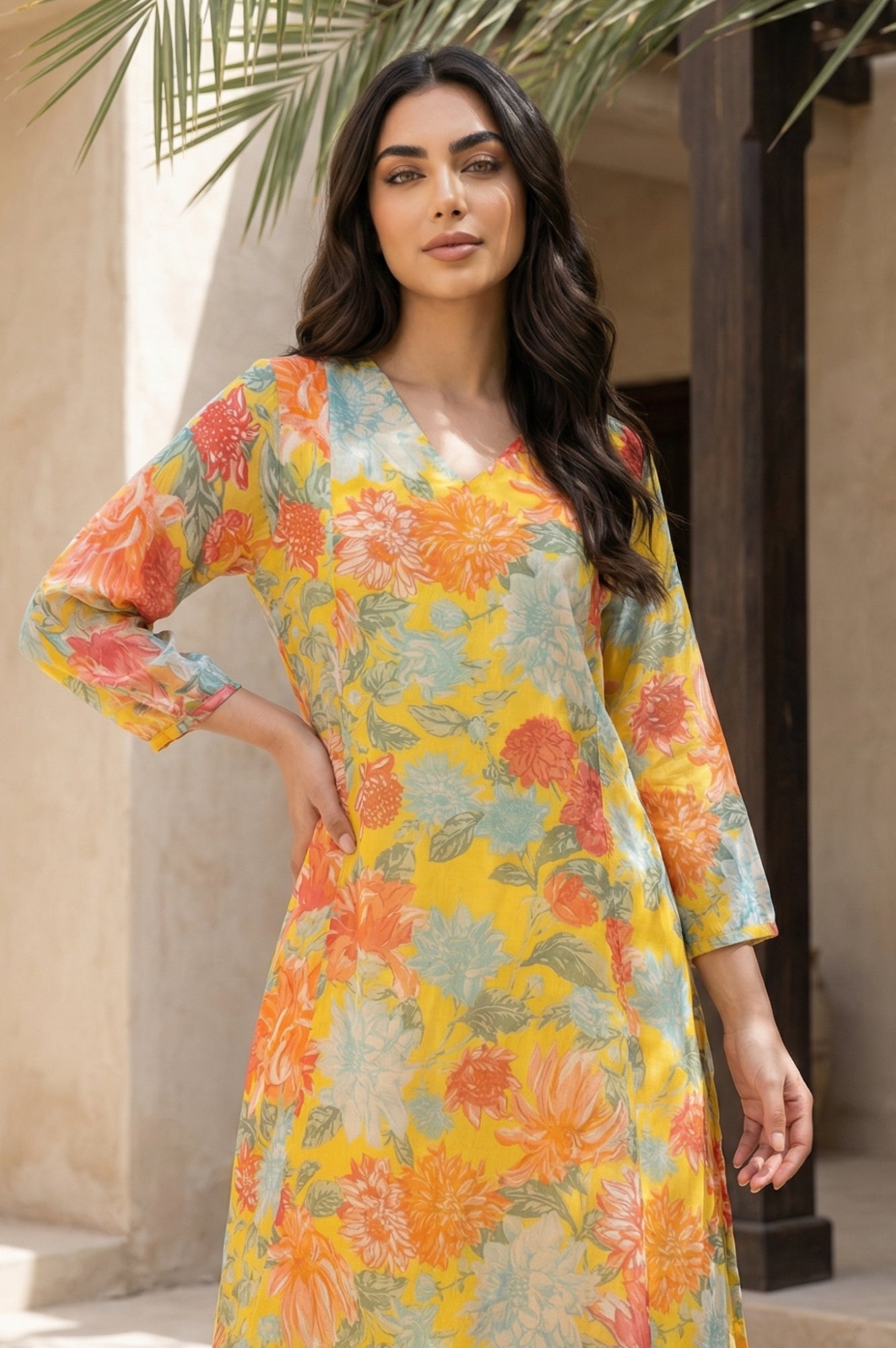 Yellow Floral Printed Chiffon Straight Kurta with Pants and Dupatta Set