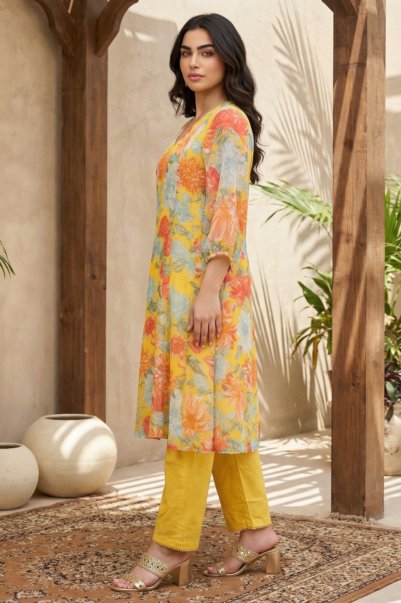 Yellow Floral Printed Chiffon Straight Kurta with Pants and Dupatta Set