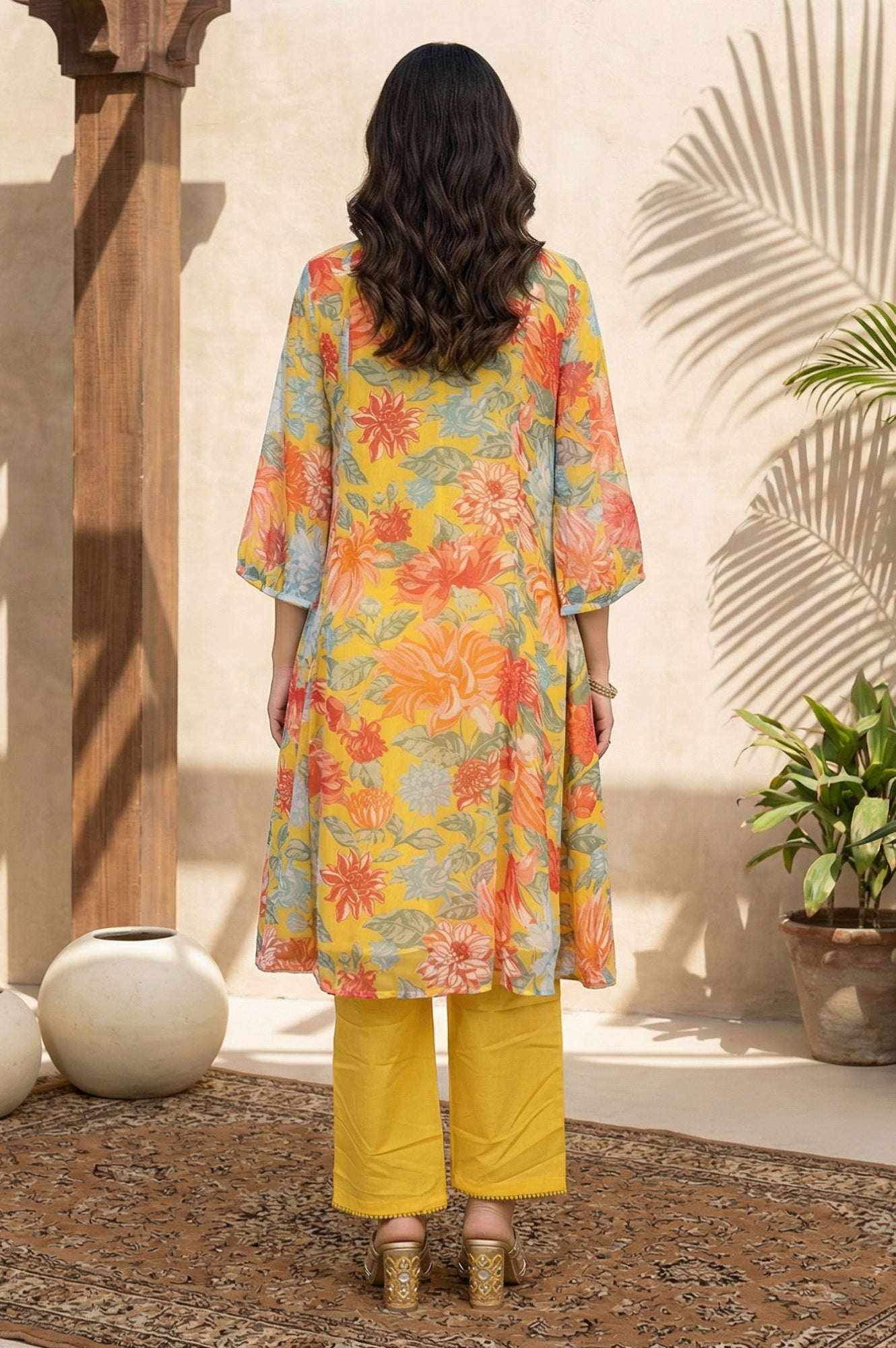 Yellow Floral Printed Chiffon Straight Kurta with Pants and Dupatta Set