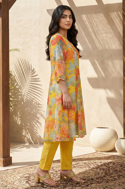 Yellow Floral Printed Chiffon Straight Kurta with Pants and Dupatta Set