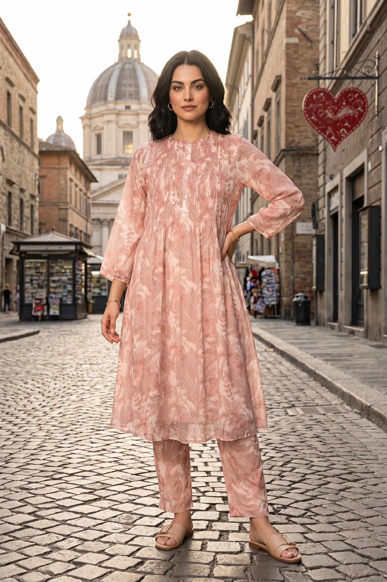 Peach Floral Printed Chiffon A-Line Kurta With Pants Co-ord Set