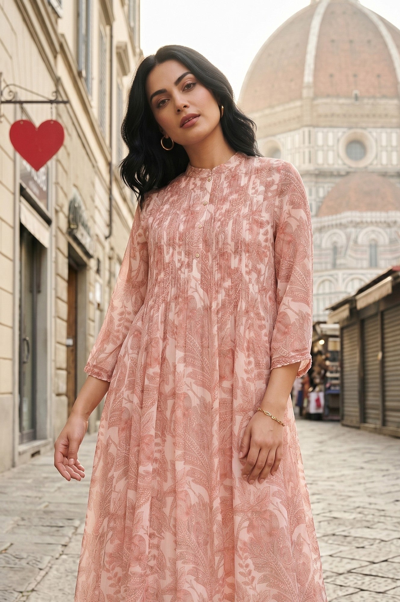 Peach Floral Printed Chiffon A-Line Kurta With Pants Co-ord Set