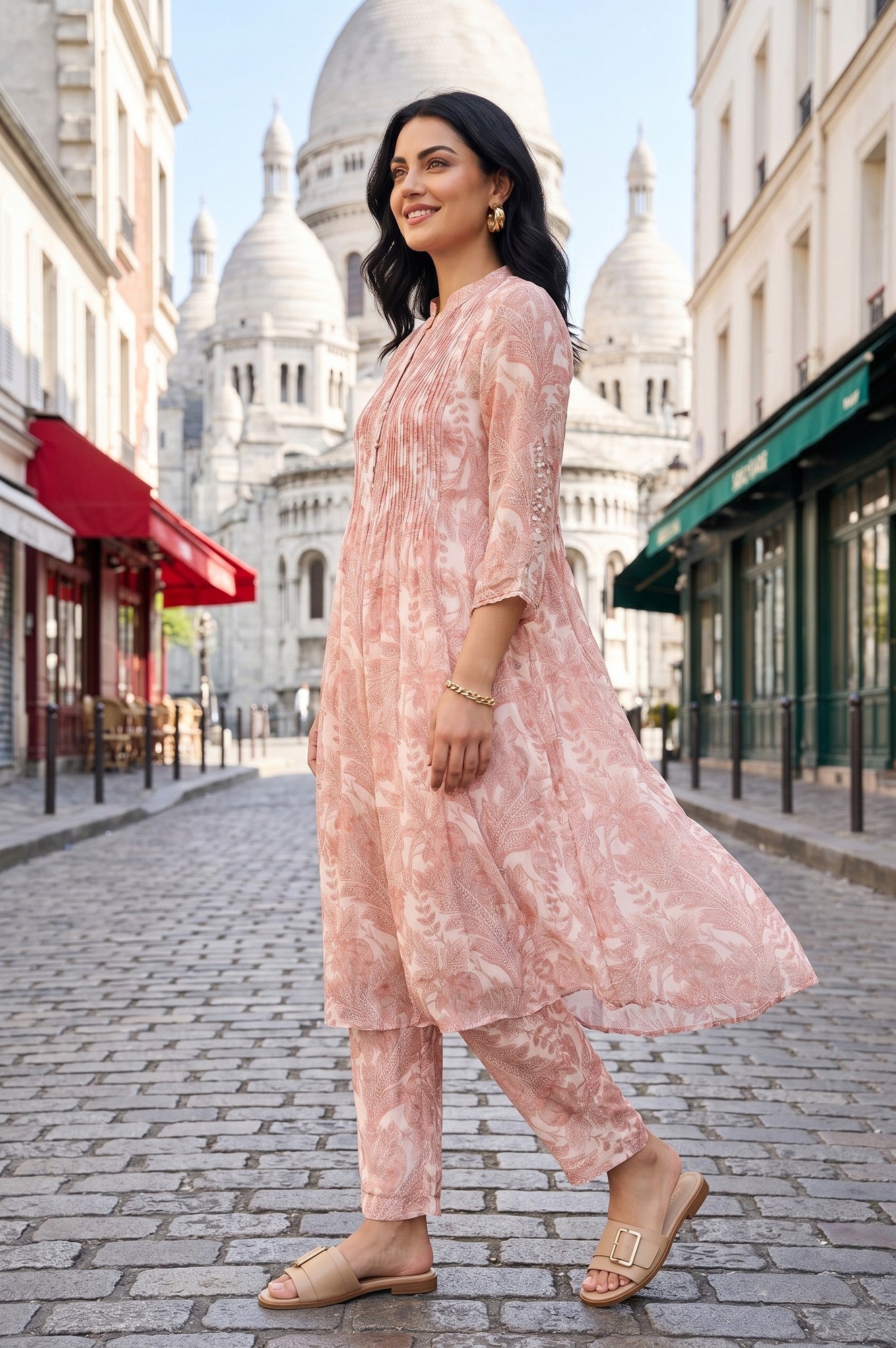Peach Floral Printed Chiffon A-Line Kurta With Pants Co-ord Set