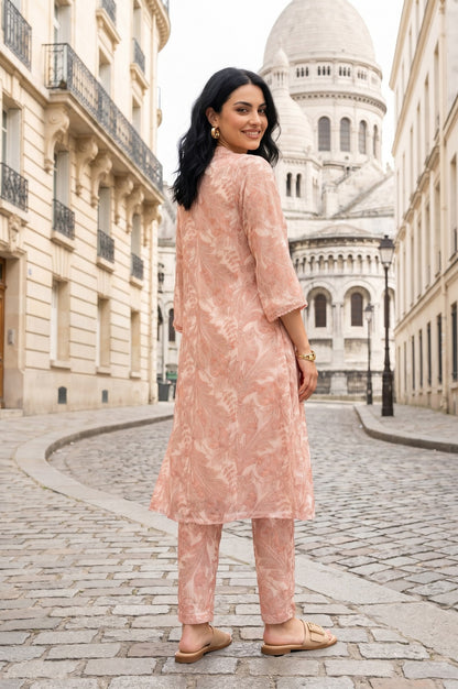 Peach Floral Printed Chiffon A-Line Kurta With Pants Co-ord Set