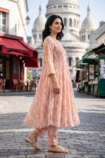 Peach Floral Printed Chiffon A-Line Kurta With Pants Co-ord Set