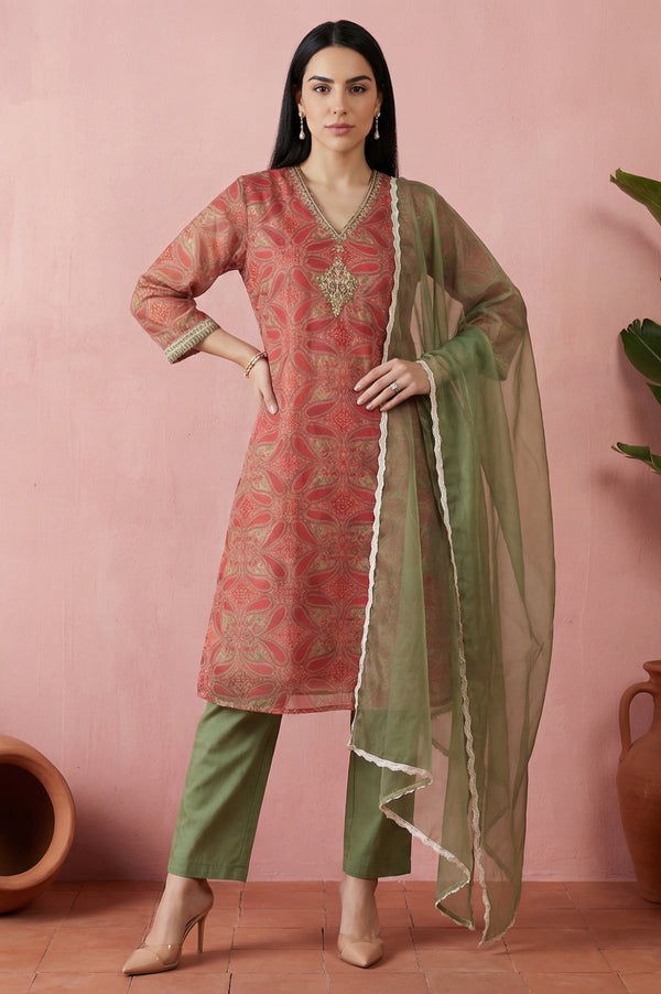 Red Sequins Paisley Printed Organza Straight Kurta With Straight Pants And Dupatta Set