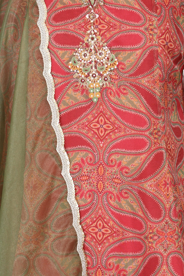 Red Sequins Paisley Printed Organza Straight Kurta With Straight Pants And Dupatta Set