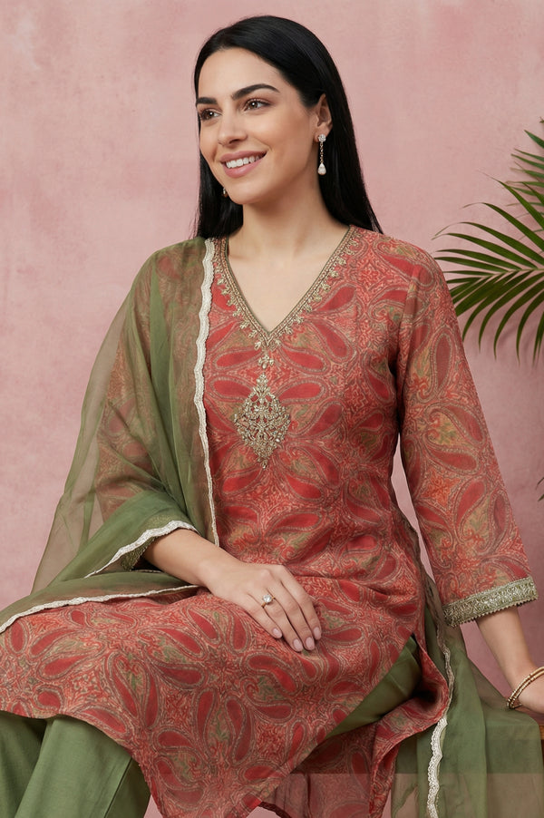 Red Sequins Paisley Printed Organza Straight Kurta With Straight Pants And Dupatta Set