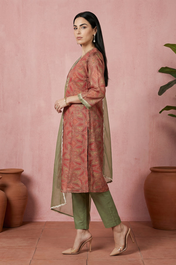 Red Sequins Paisley Printed Organza Straight Kurta With Straight Pants And Dupatta Set