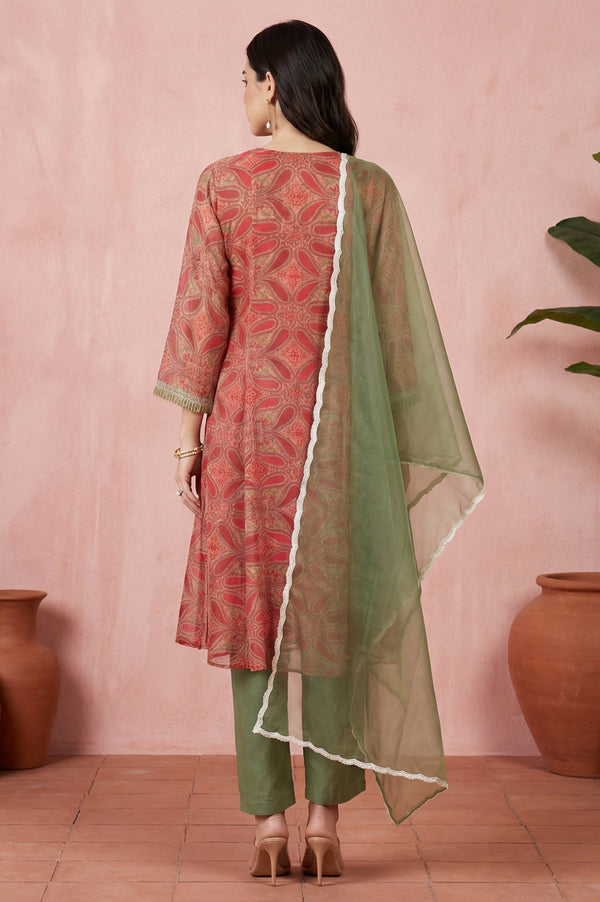 Red Sequins Paisley Printed Organza Straight Kurta With Straight Pants And Dupatta Set