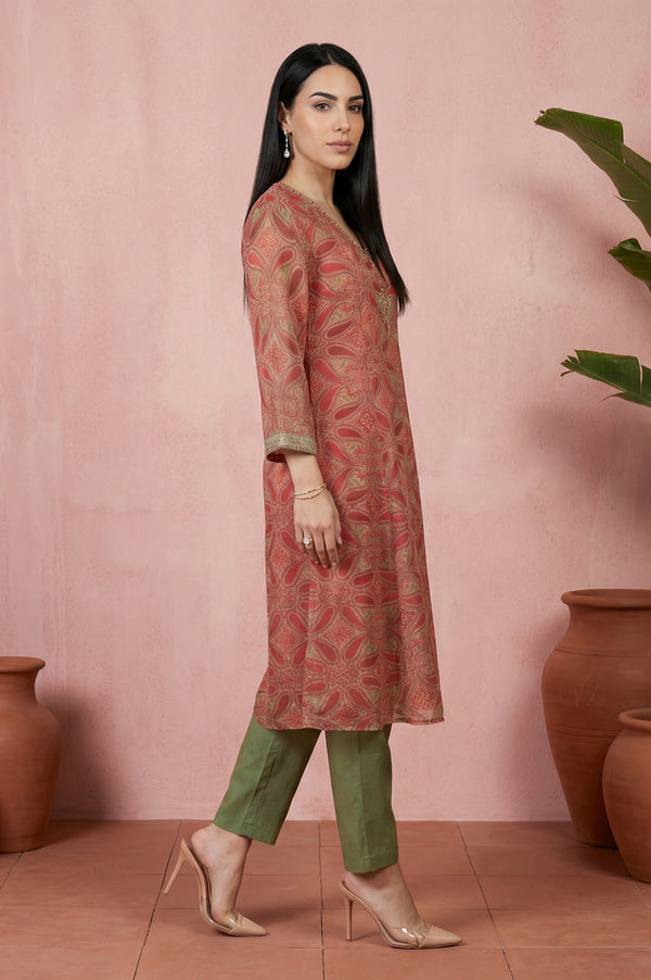 Red Sequins Paisley Printed Organza Straight Kurta With Straight Pants And Dupatta Set