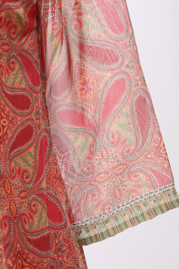 Red Sequins Paisley Printed Organza Straight Kurta With Straight Pants And Dupatta Set
