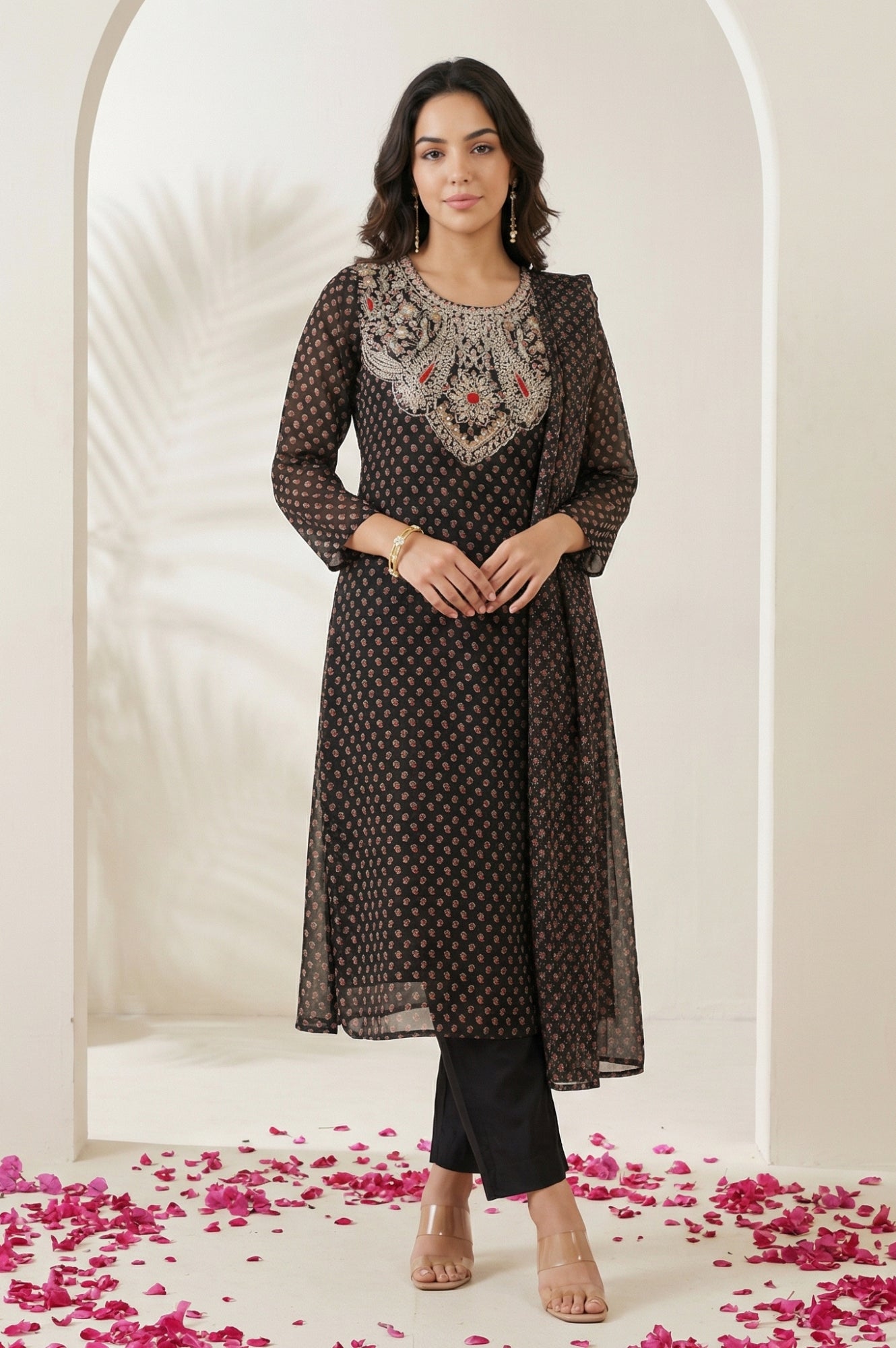 Black Embroidered Georgette Straight Kurta with Straight Pants and Dupatta Set
