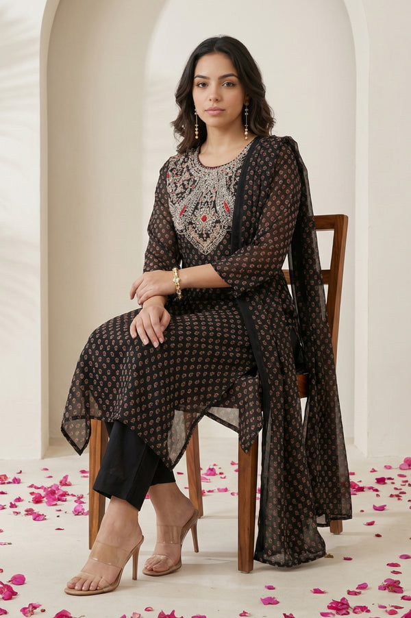 Black Embroidered Georgette Straight Kurta with Straight Pants and Dupatta Set