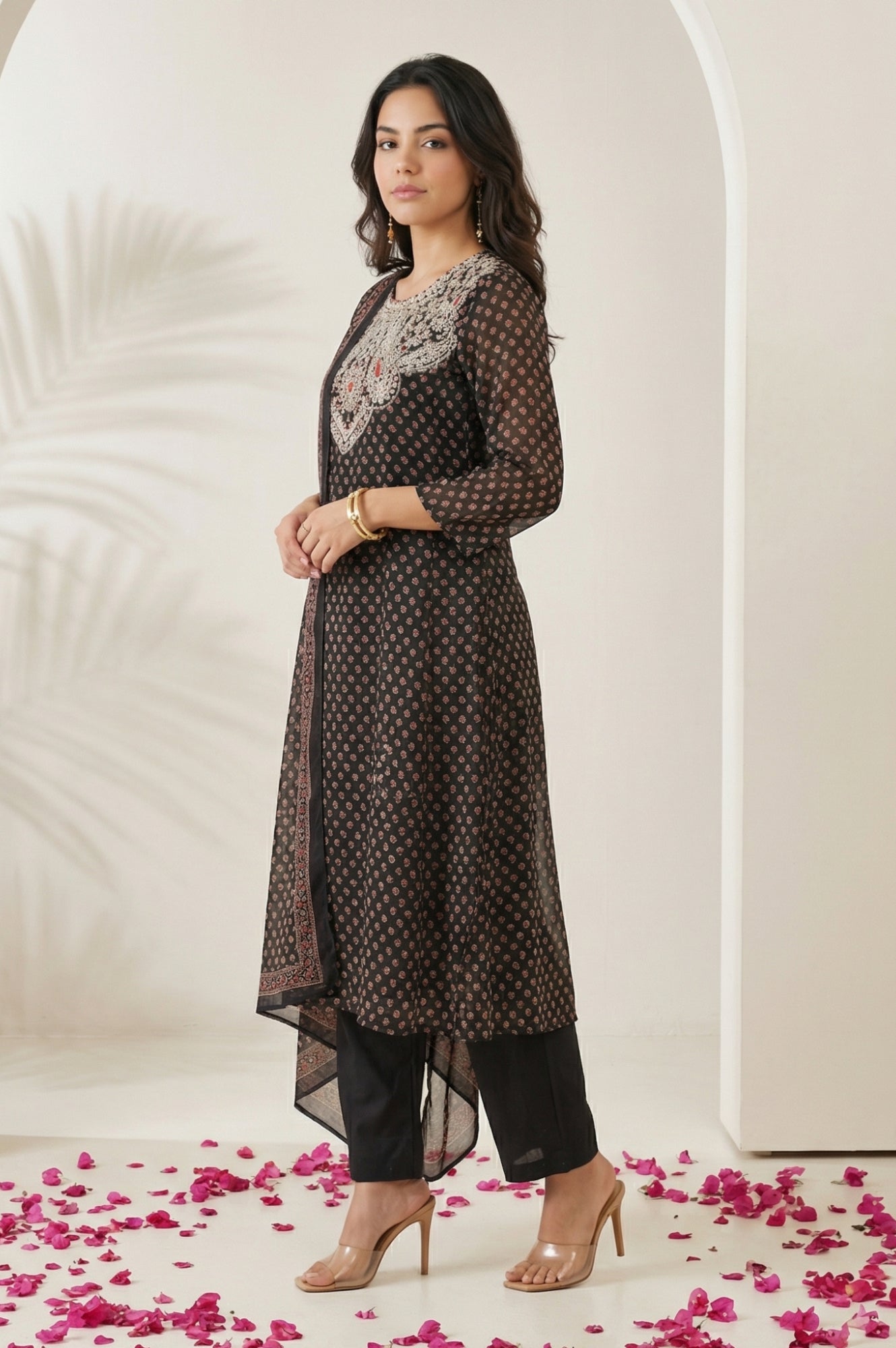 Black Embroidered Georgette Straight Kurta with Straight Pants and Dupatta Set