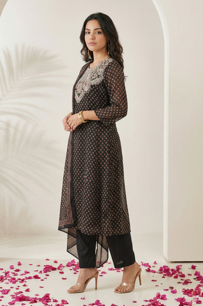 Black Embroidered Georgette Straight Kurta with Straight Pants and Dupatta Set