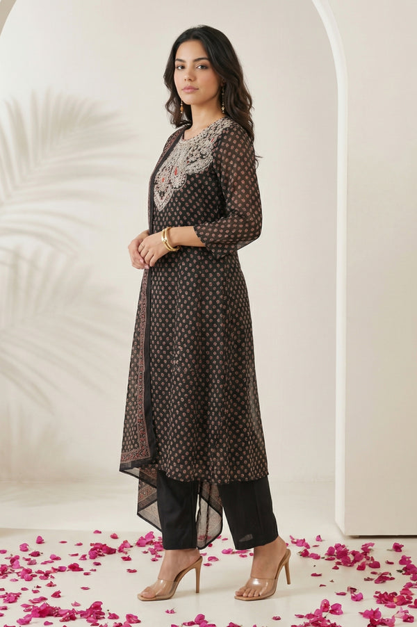 Black Embroidered Georgette Straight Kurta with Straight Pants and Dupatta Set